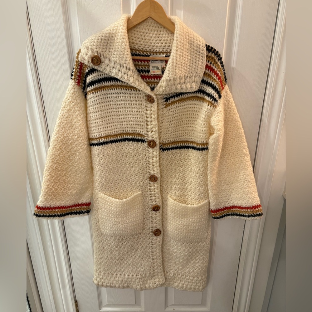 Vintage Cozy Cream Knit long overcoat with Striped Accents